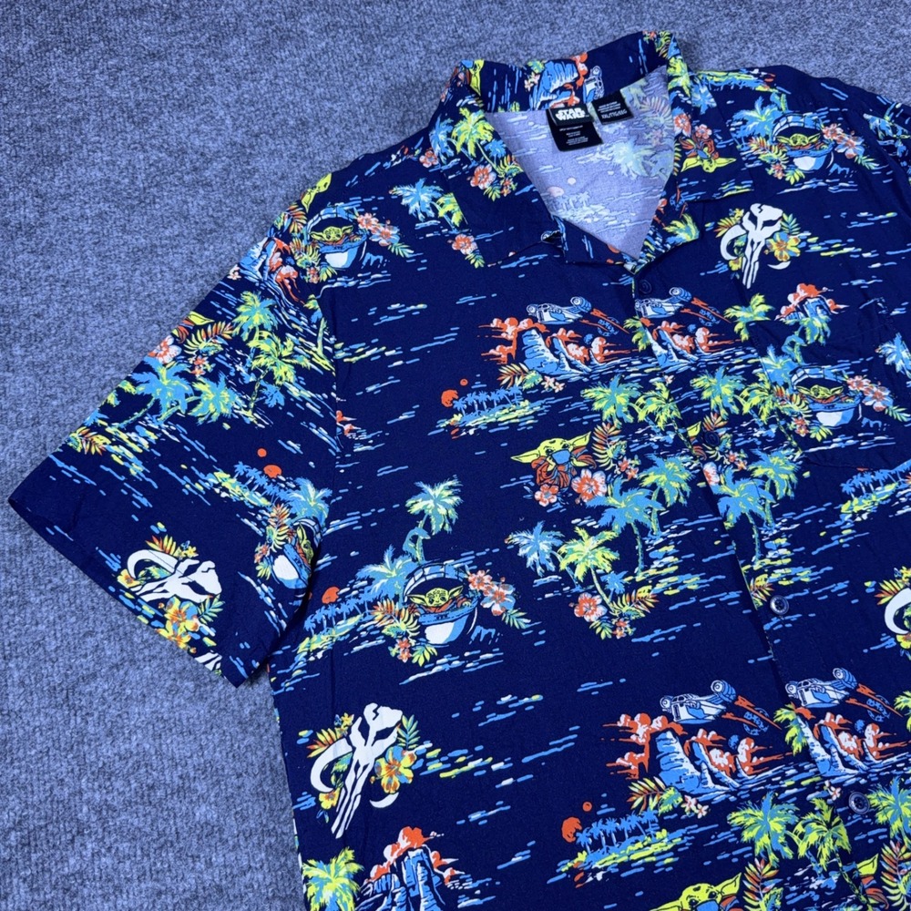 Star Wars Mandalorian Grogu Hawaiian Shirt Mens XXL Navy Blue Tropical Button Up